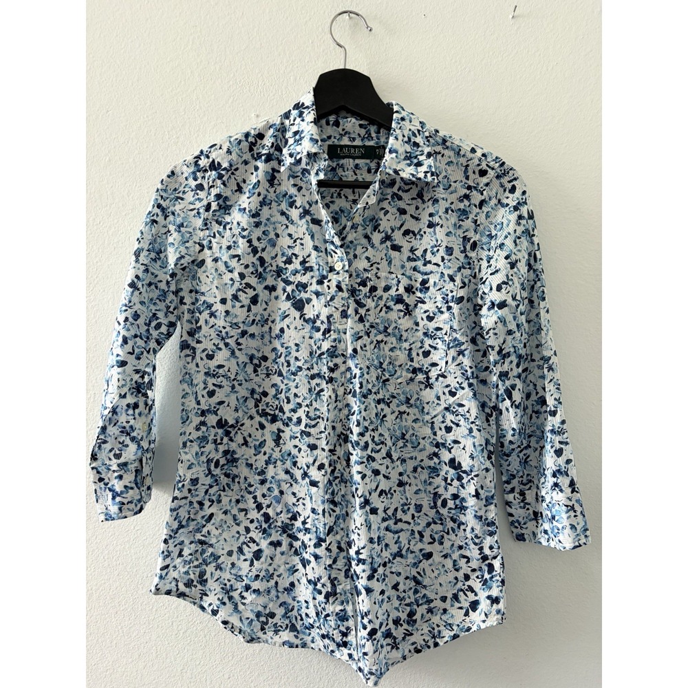 Lauren Ralph Lauren Womens PS Petite Small Blue Floral Shirt Button Down Top